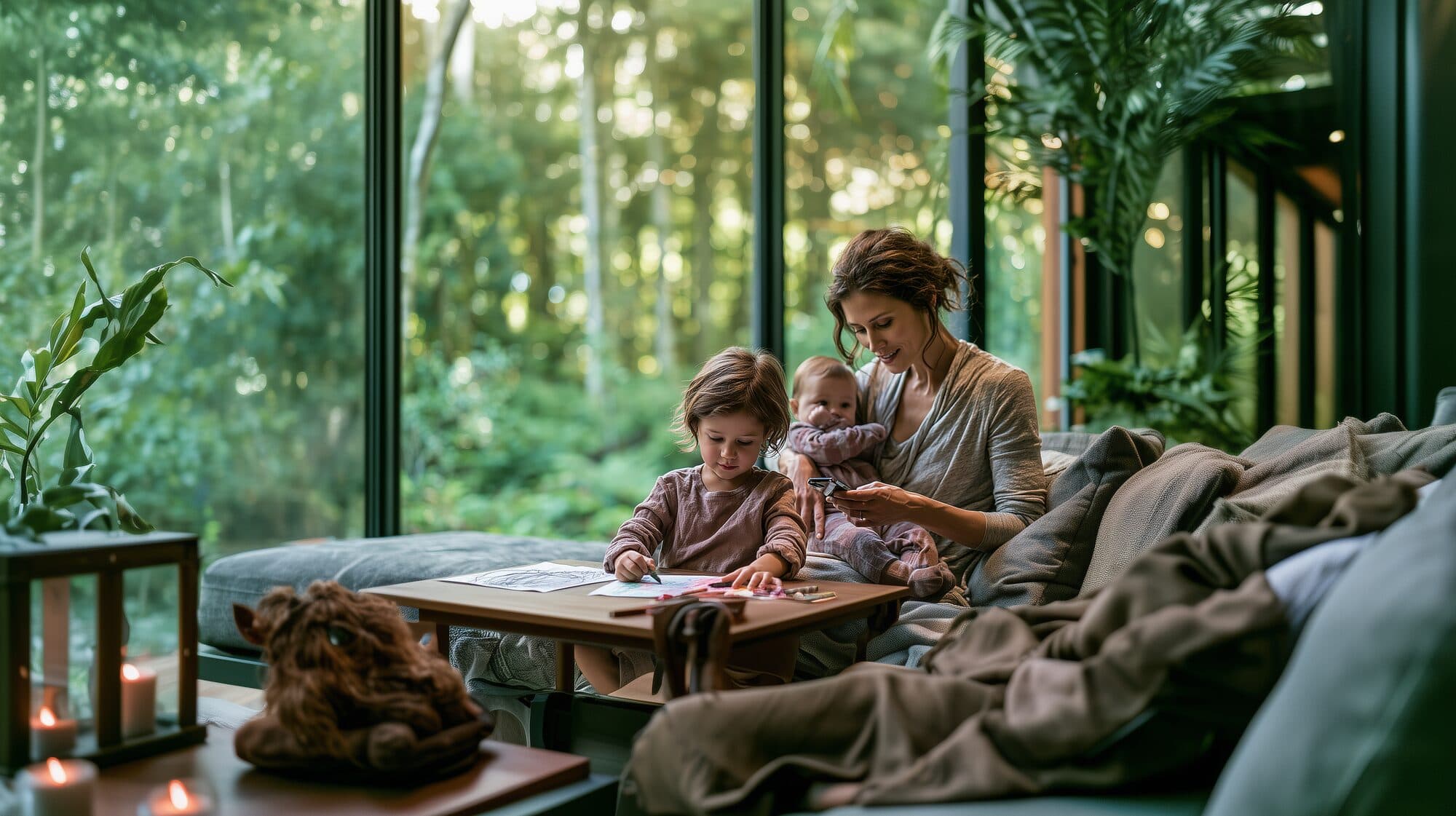 A parent and child doing crafts together at a sunlit table