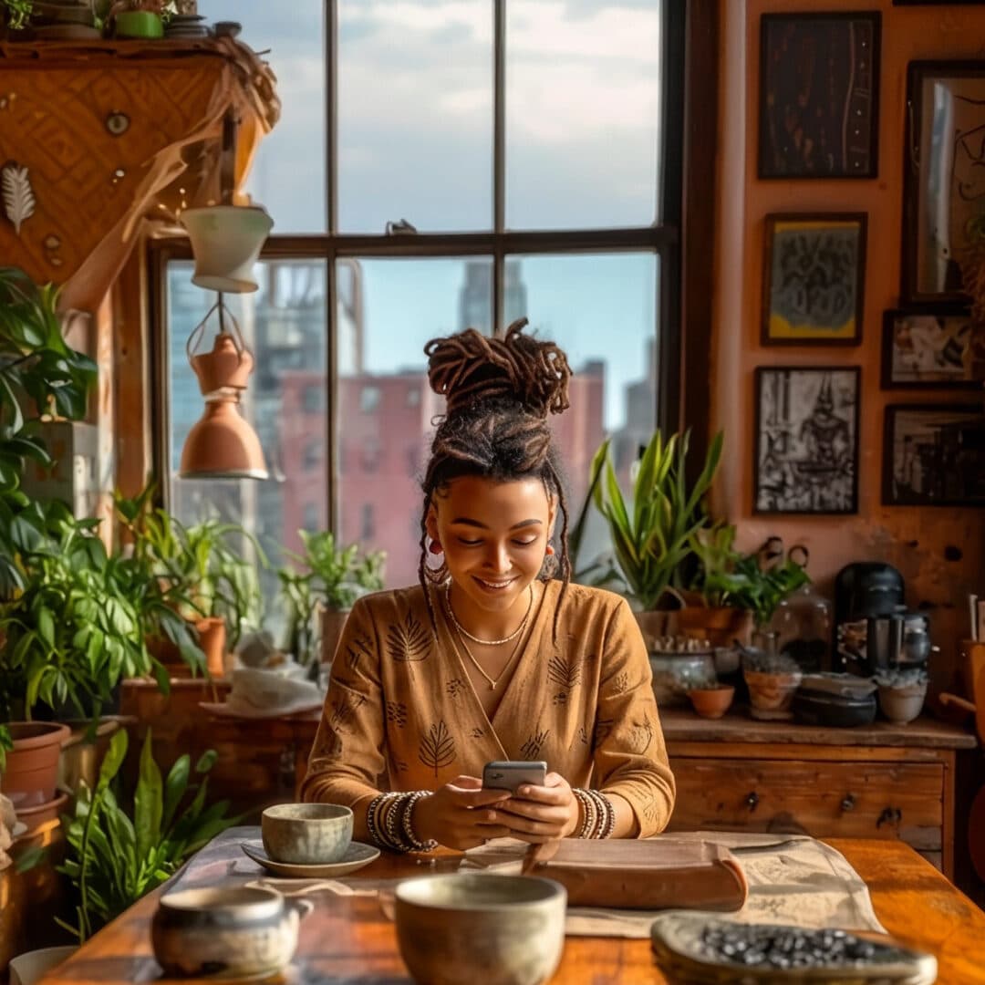 Texting from a slow morning at a plant-filled kitchen table