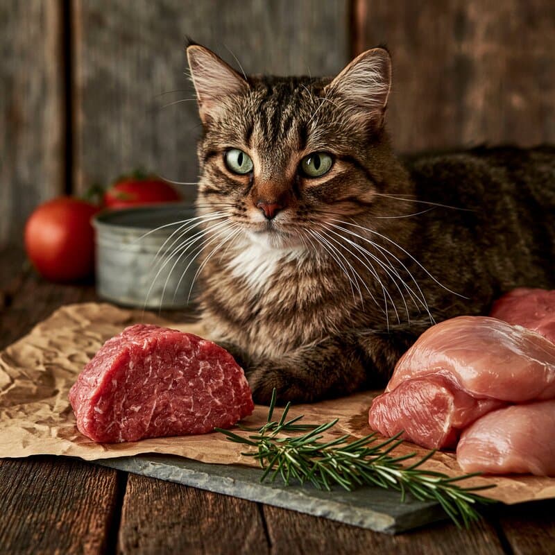 A tabby cat next to cuts of meat