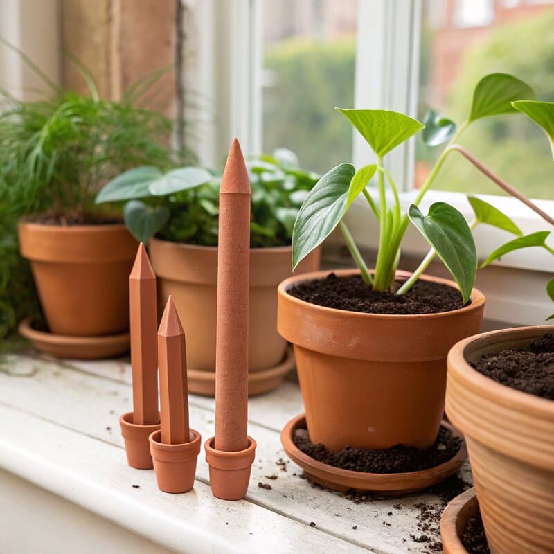 Terracotta self-watering spikes in potted houseplants